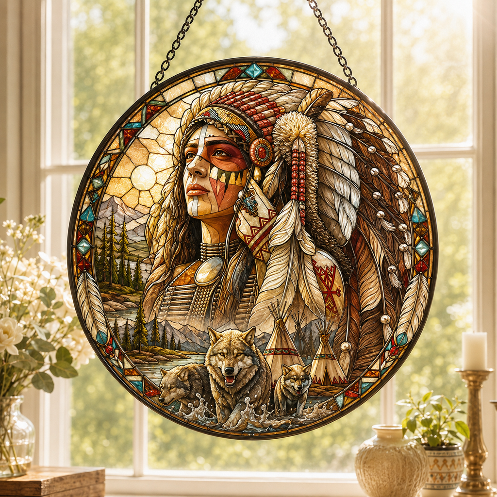 SC057 Chief Warrior Native American Stained Glass Suncatcher