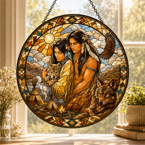 SC058 Family Native American Stained Glass Suncatcher