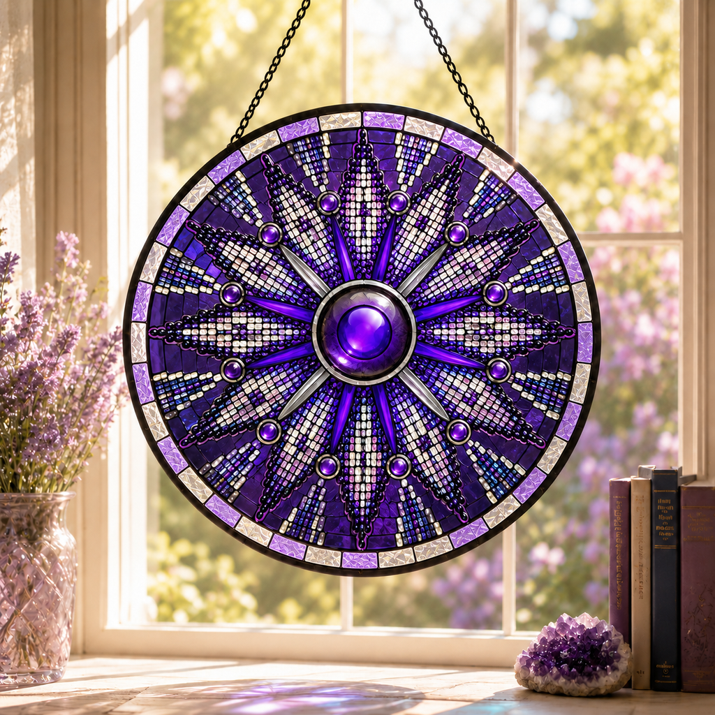 SC059 Purple Mandala Native American Stained Glass Suncatcher