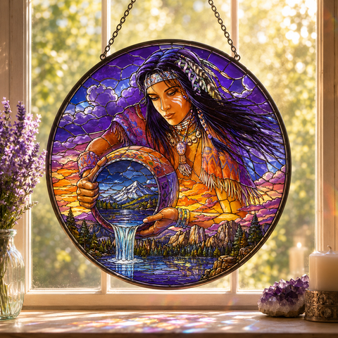 SC060 Woman and Nature Native American Stained Glass Suncatcher