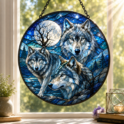 SC061 Wolves Moon Native American Stained Glass Suncatcher