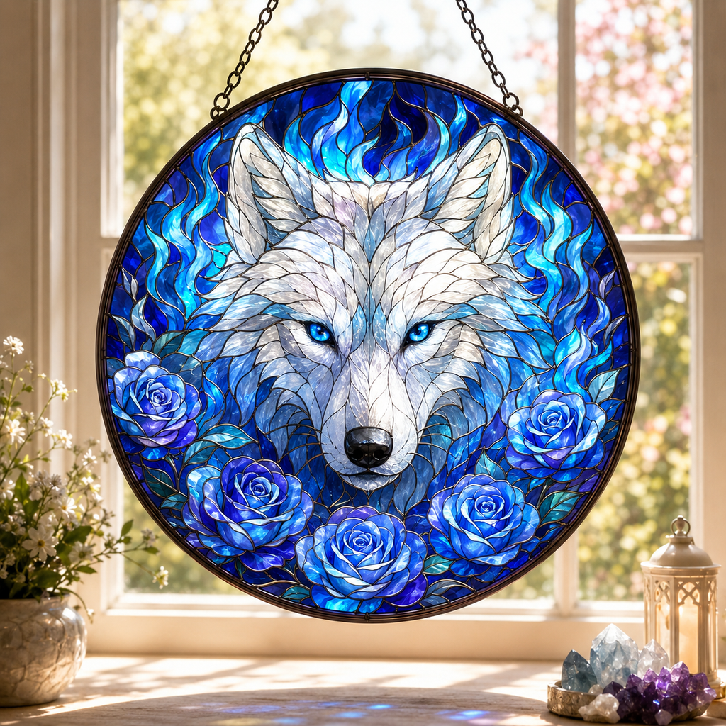 SC062 Wolf Blue Roses Native American Stained Glass Suncatcher