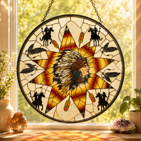 SC064 Chief Warrior Native American Stained Glass Suncatcher