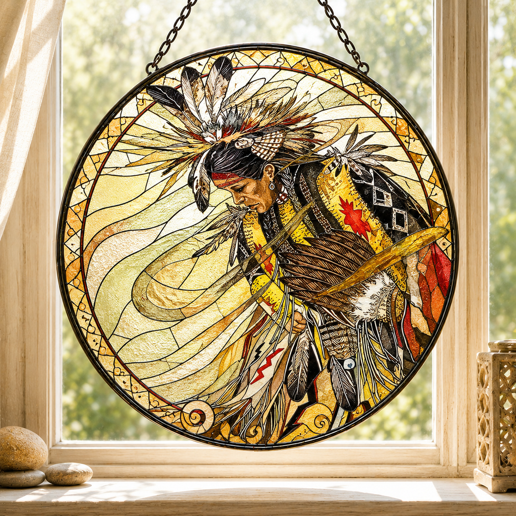 SC065 Chief Warrior Native American Stained Glass Suncatcher