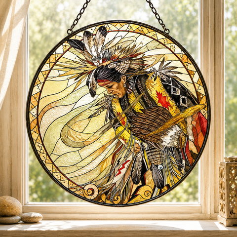 SC065 Chief Warrior Native American Stained Glass Suncatcher