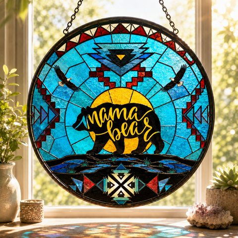 SC066 Mama Bear Native American Stained Glass Suncatcher