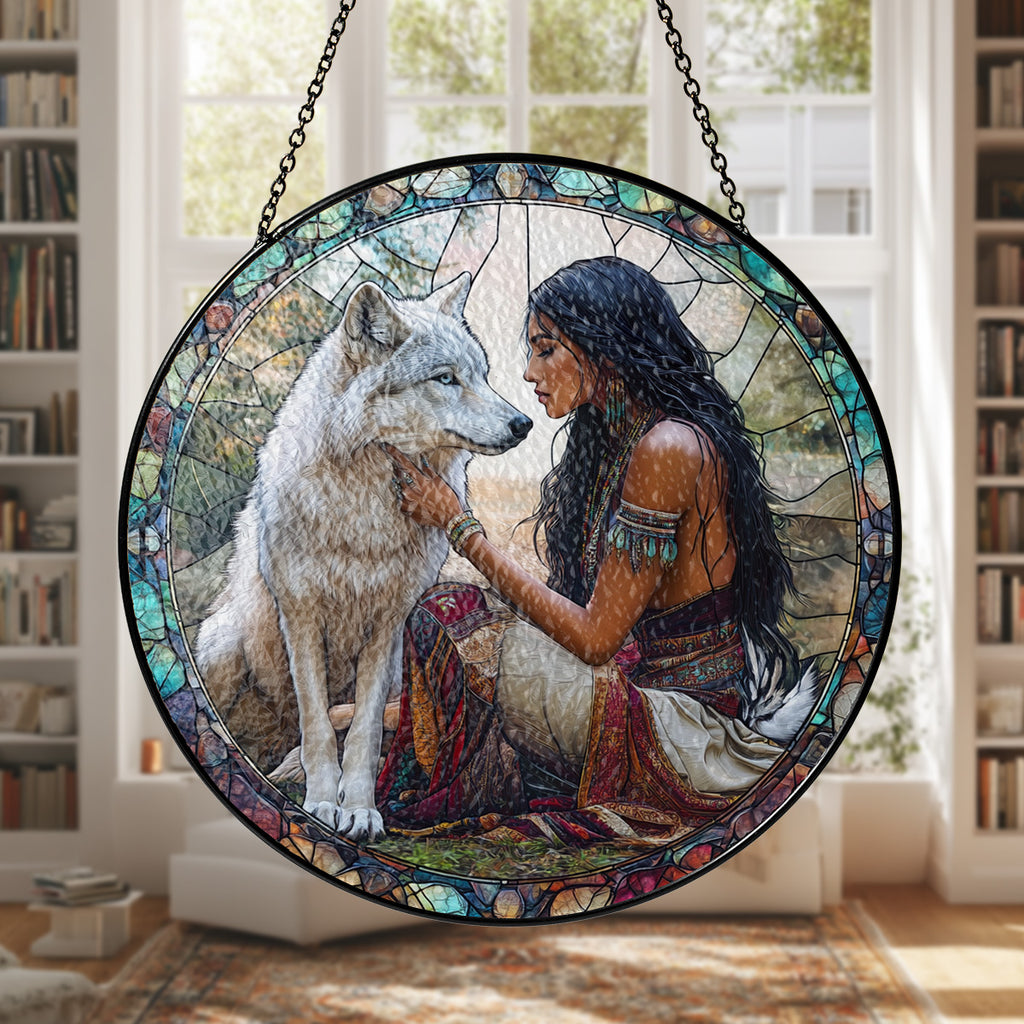 SC250404M18 Woman and Wolf Native American Stained Glass Suncatcher
