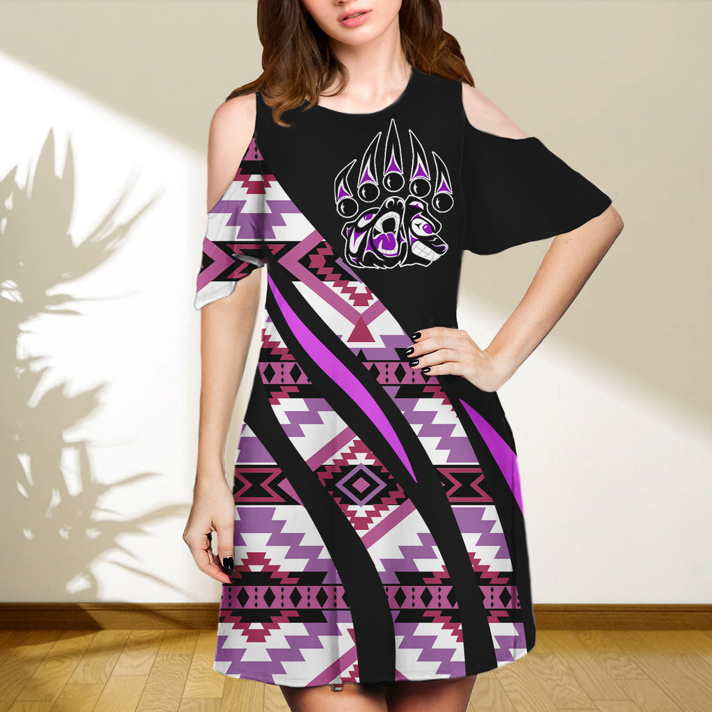 SD250218-M01 Bear Paw Native Cold Shoulder Dress With A Round Neckline