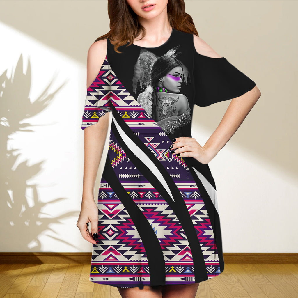 SD250218-M02 Woman Spirit Native Cold Shoulder Dress With A Round Neckline