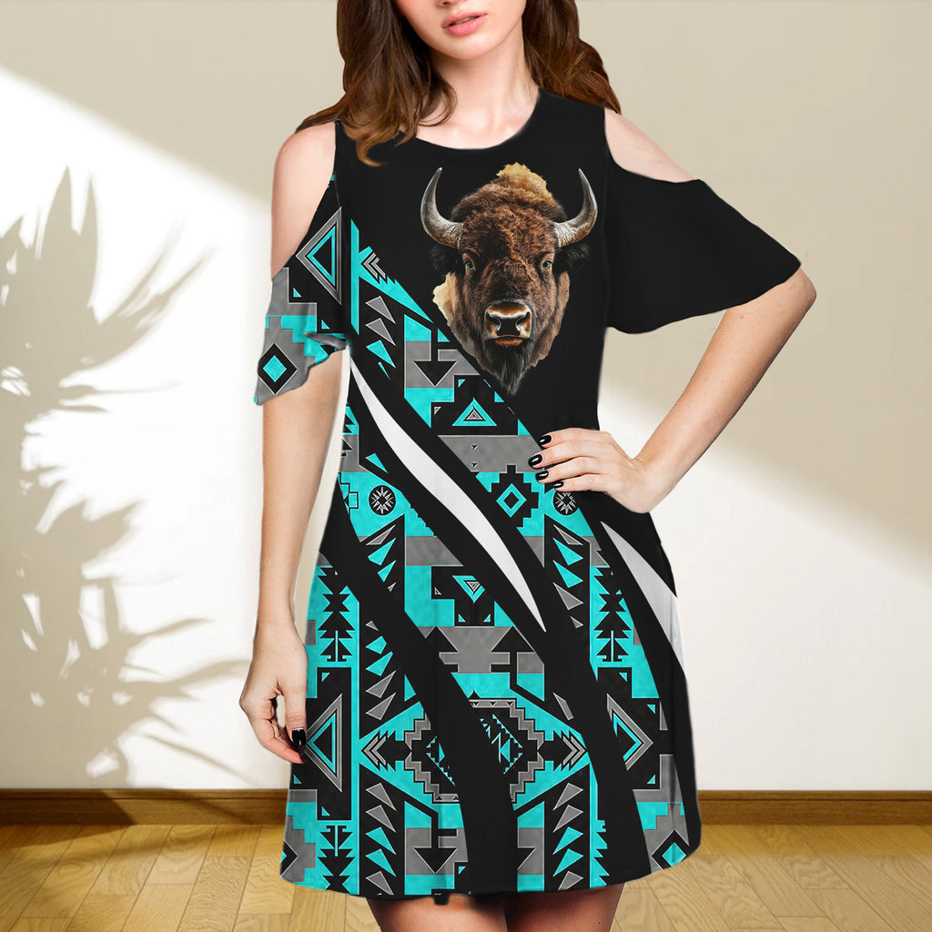 SD250218-M03 Bison Native Cold Shoulder Dress With A Round Neckline