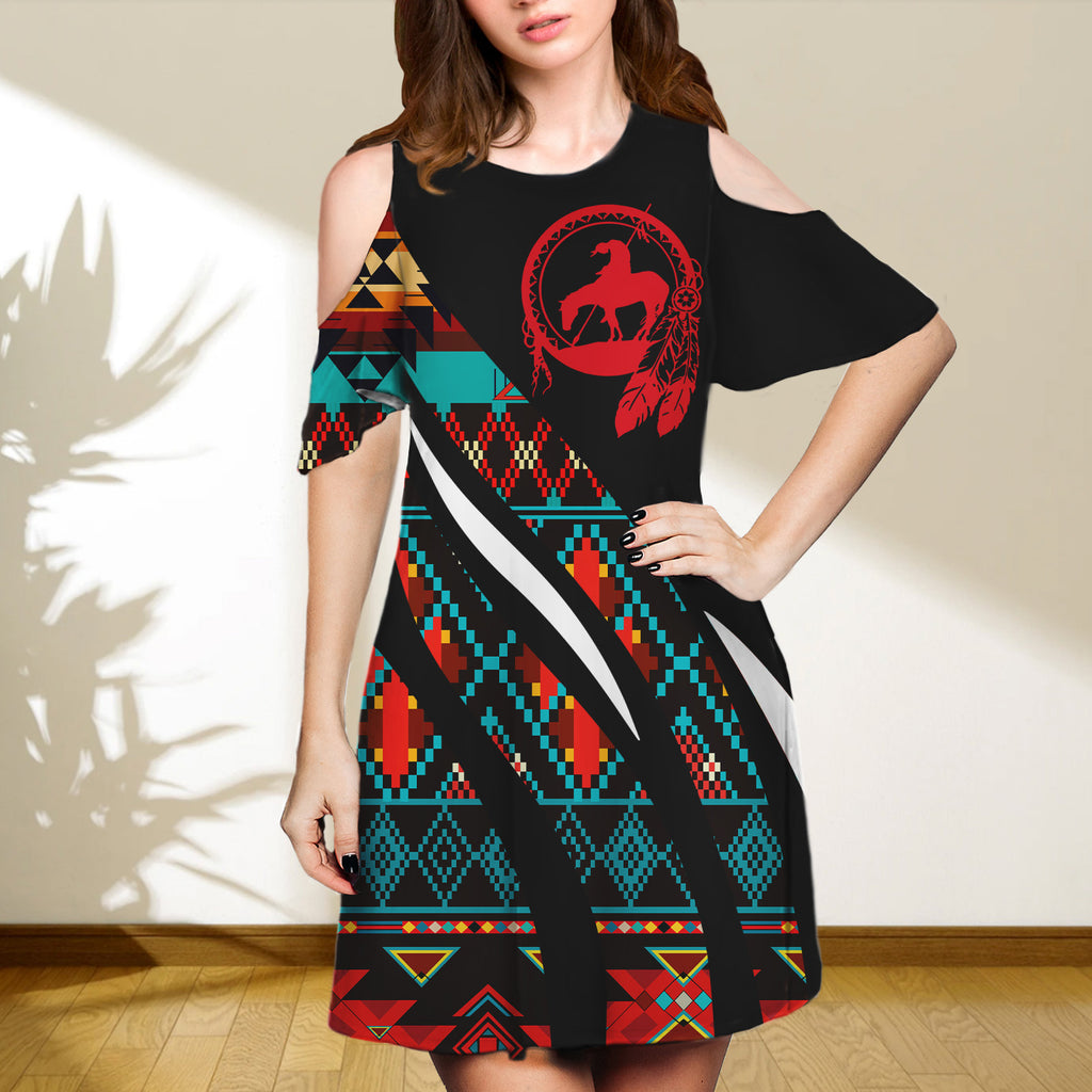 SD250218-M04 Trail of Tear Native Cold Shoulder Dress With A Round Neckline