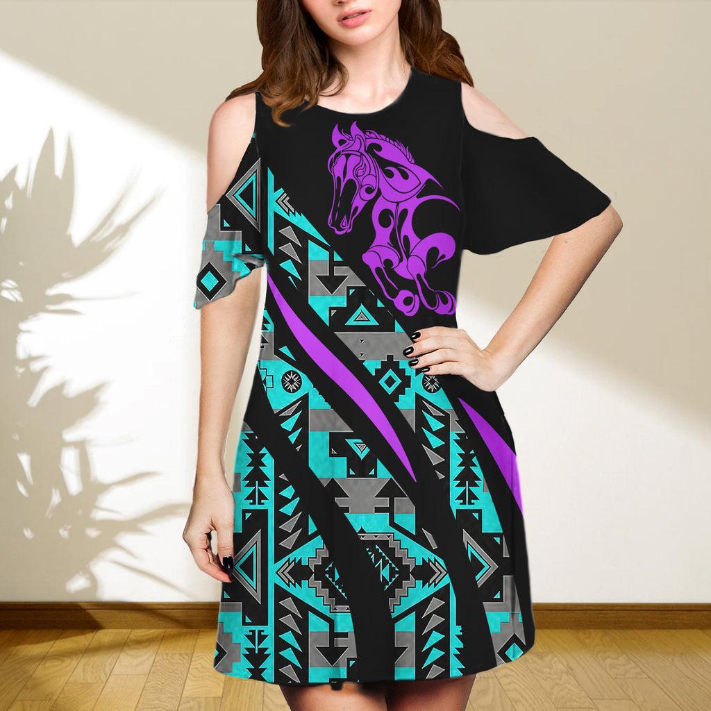 SD250218-M06 Horse Native Cold Shoulder Dress With A Round Neckline