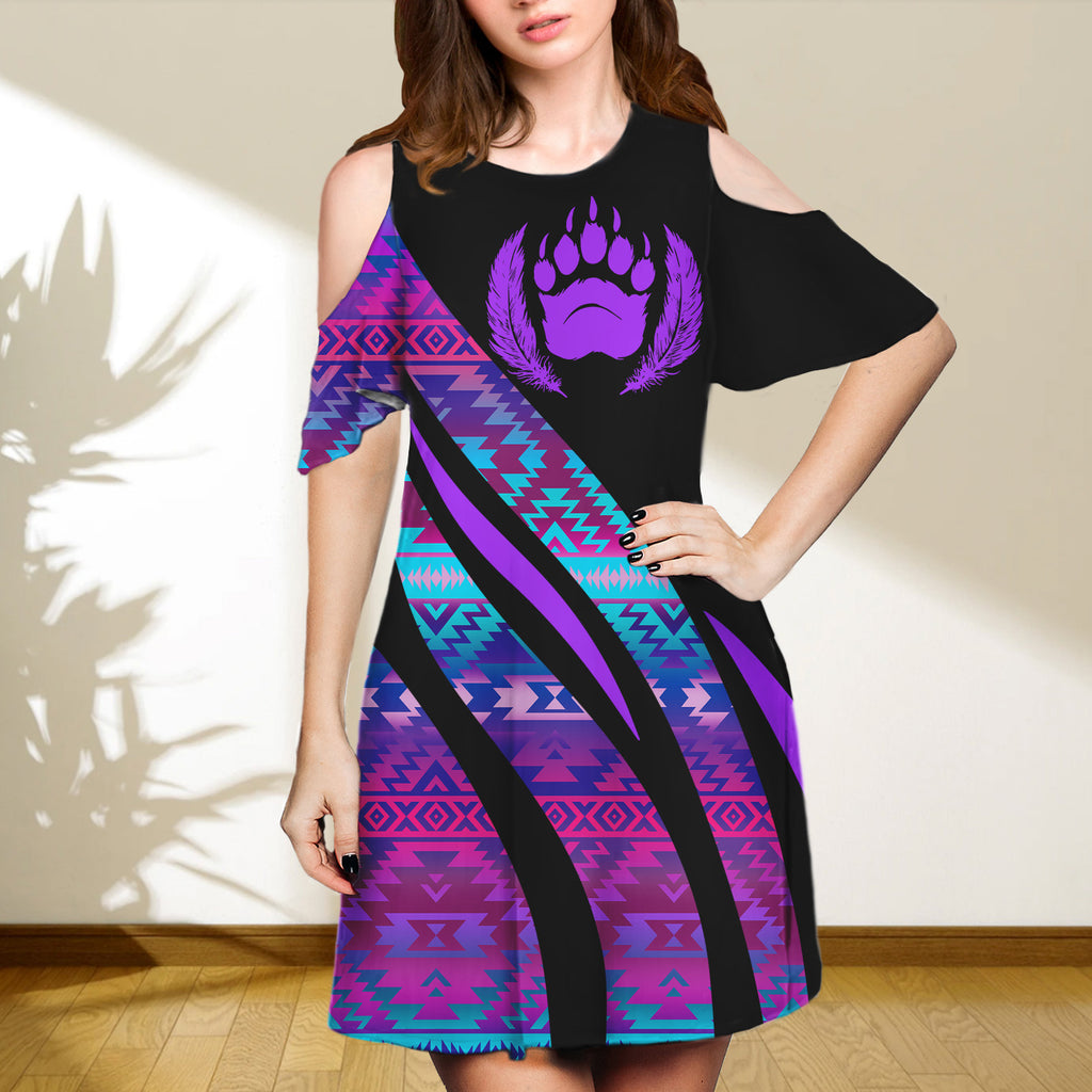 SD250218-M07 Bear Feather Native Cold Shoulder Dress With A Round Neckline