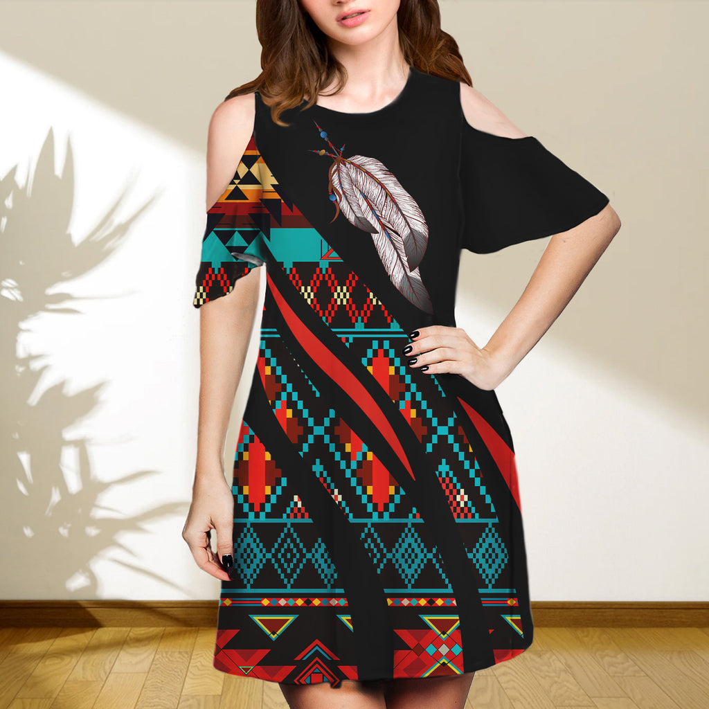 SD250218-M08 Feather Native Cold Shoulder Dress With A Round Neckline