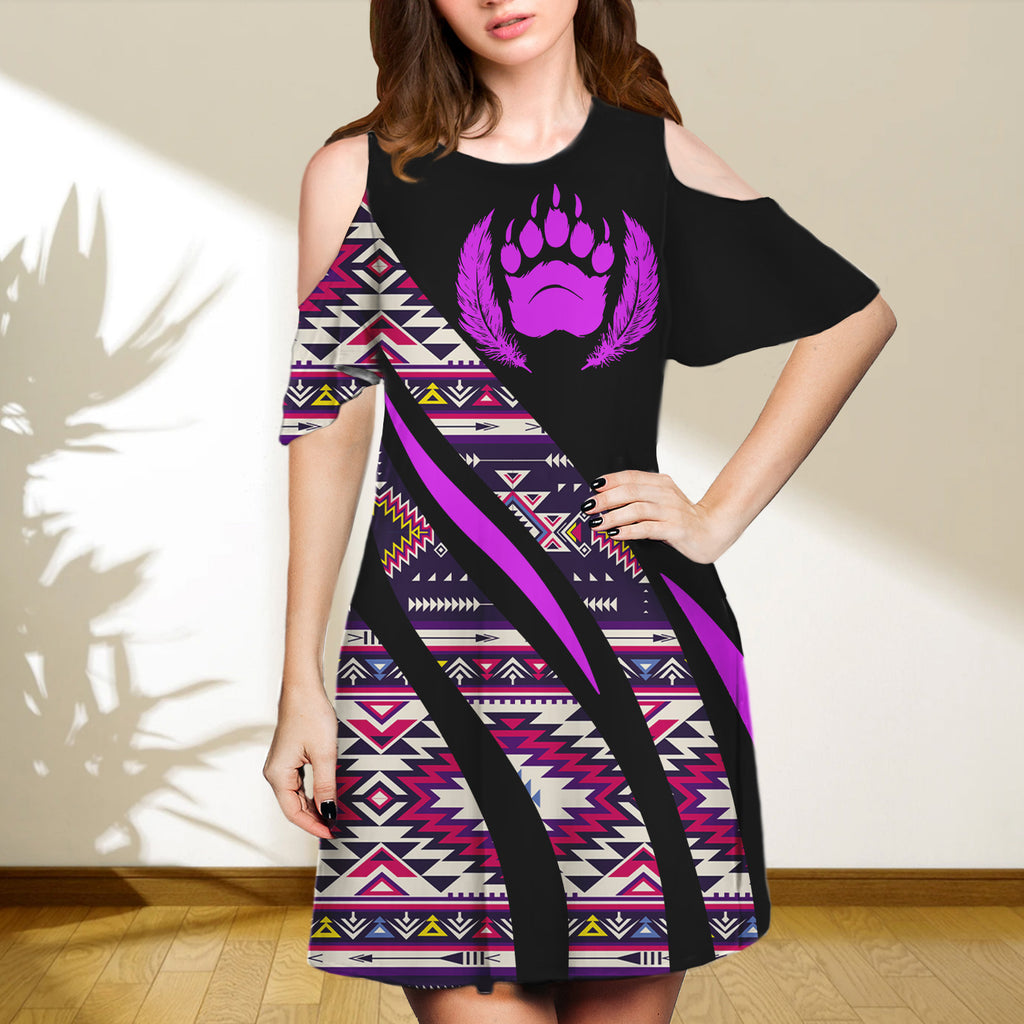 SD250218-M10 Bear Feather Native Cold Shoulder Dress With A Round Neckline