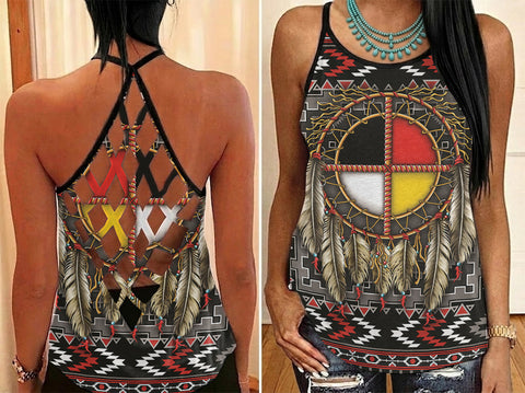 SFH0012 Dreamcatcher Native American Criss-Cross Open Back Tank Top