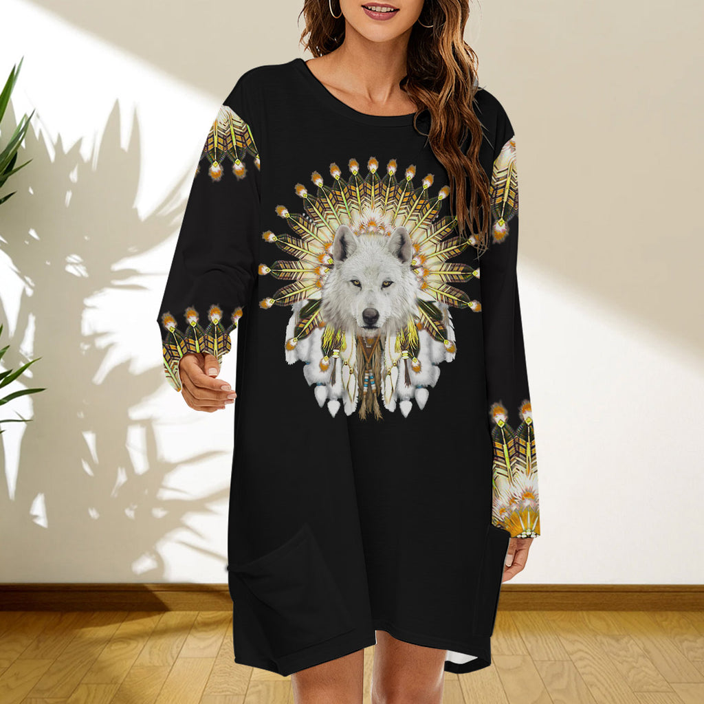 SFH0017 Wolf Chief Native American Women Loose Crew Neck Dress