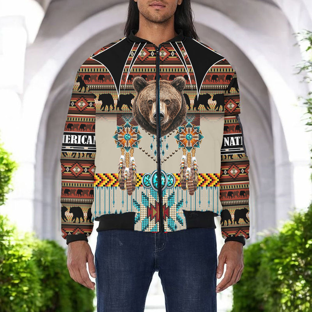 SH251118M03 Bear Native American Bomber Jacket With Sleeve Pocket