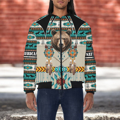 SH251118M04 Bear Native American Bomber Jacket With Sleeve Pocket
