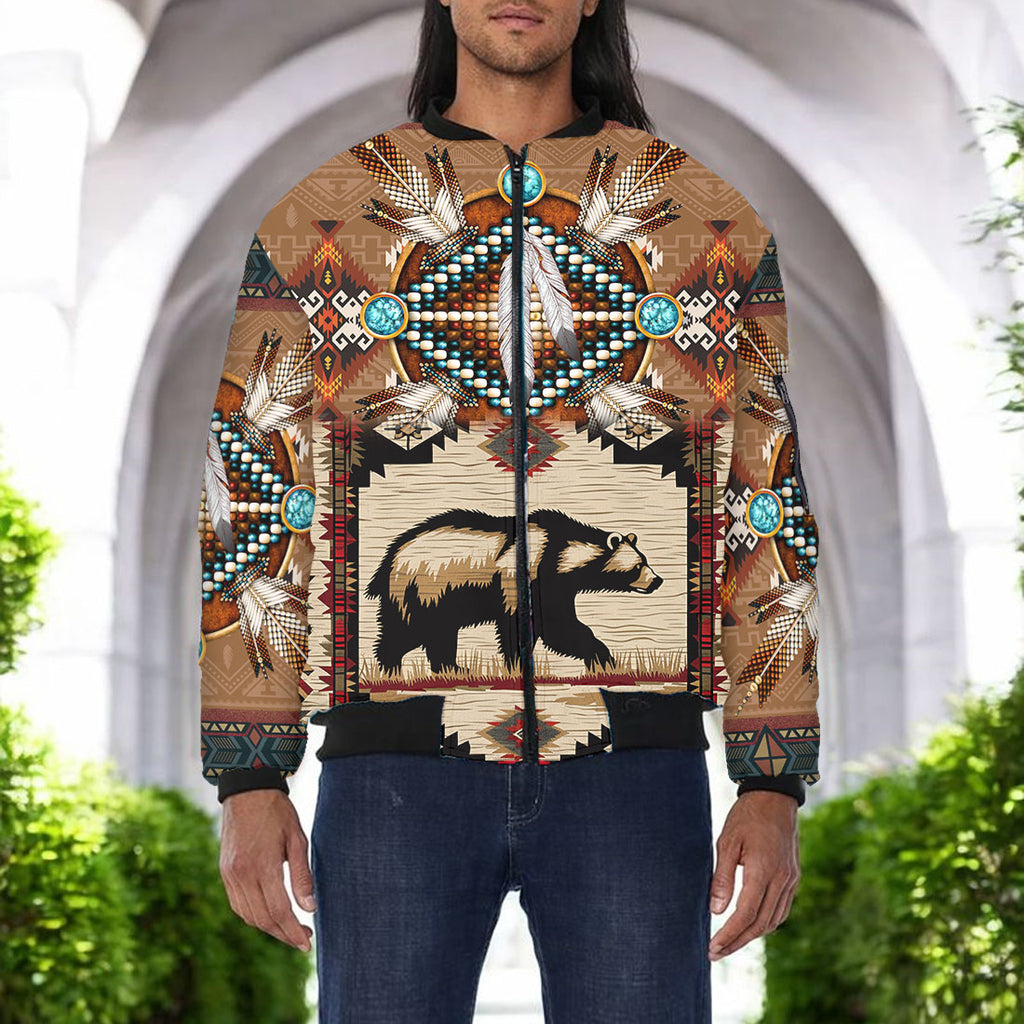 SH251119M07 Bear Native American Bomber Jacket With Sleeve Pocket