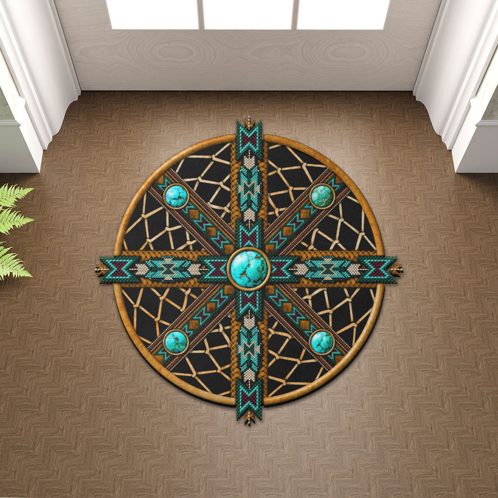 SM250509M23 Turquoise Dreamcatcher Mandala Native American Shaped Mat
