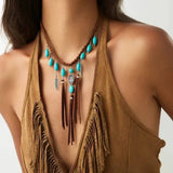 Boho Ethnic Feather Tassel Necklace – Woven Rope Choker with Natural Stone Pendant