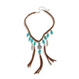 Boho Ethnic Feather Tassel Necklace – Woven Rope Choker with Natural Stone Pendant
