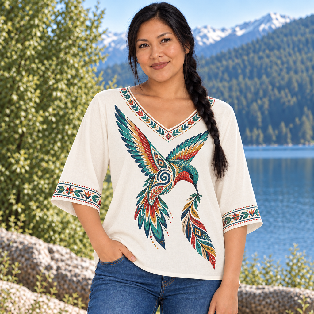 Sacred Feather Hummingbird Native American-Inspired Women's V-Neck 3-Quarter Sleeve Top WVS030