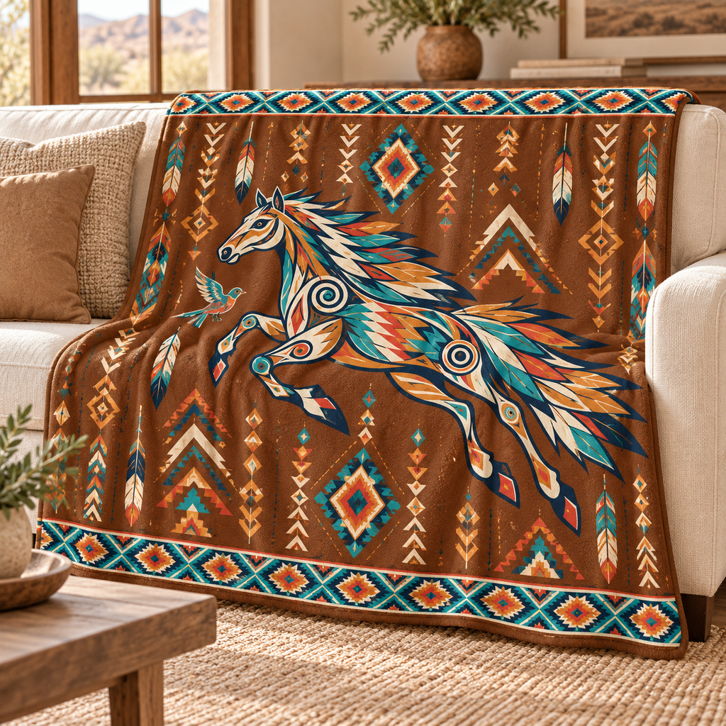 Saddle Brown Geometric Horse Native American-Inspired Blanket BLm022