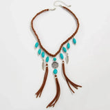 Boho Ethnic Feather Tassel Necklace – Woven Rope Choker with Natural Stone Pendant