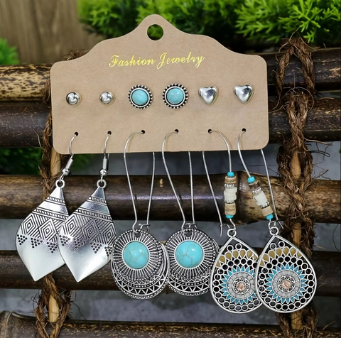 Silver Double Round Geometric Pattern Native Indian Earring