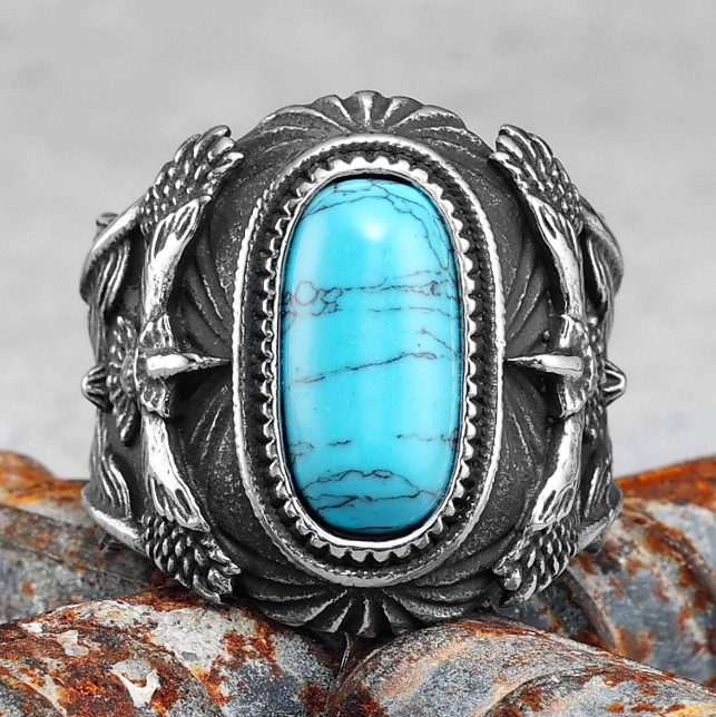 Stainless Steel Ring Gemstones Trendy Turquoise Men Rings Eagle