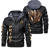 Southwest Native American Feather 2D Zip Leather Jacket with Hood -NAT240710-M092