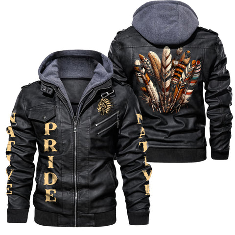 Southwest Native American Feather 2D Zip Leather Jacket with Hood -NAT240710-M092