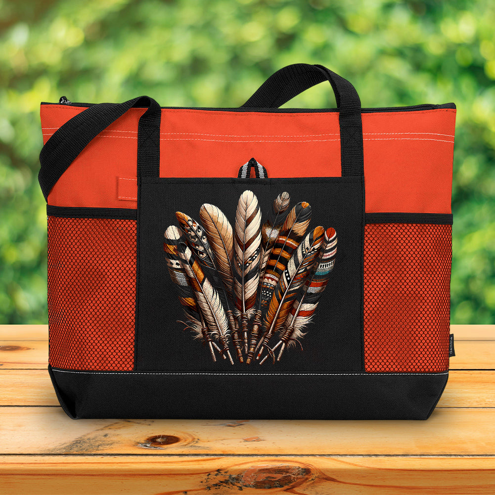 Southwest Native American Indian Feather NAT240710-M092 Tote Bag With Mesh Pockets