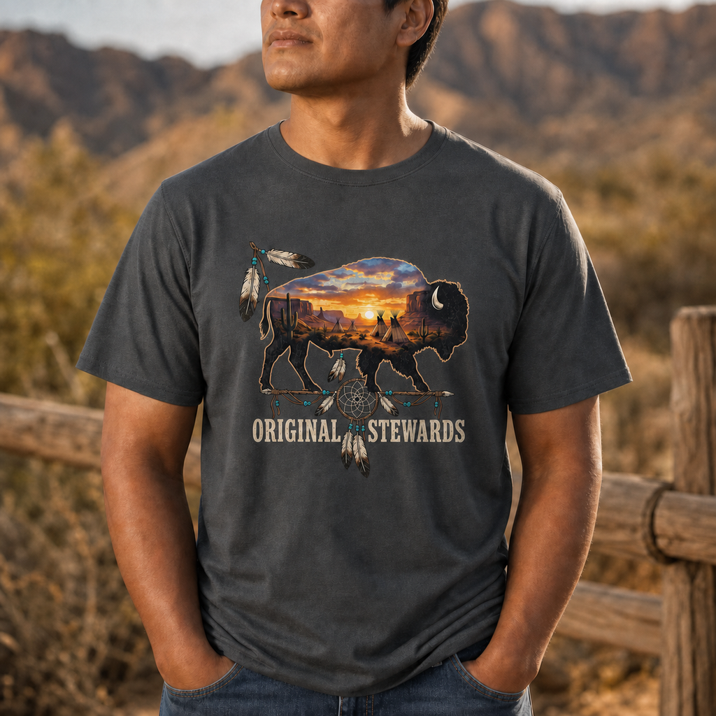 Southwestern Bison Sunset Graphic Native American-Inspired 2D T-Shirt TSm022
