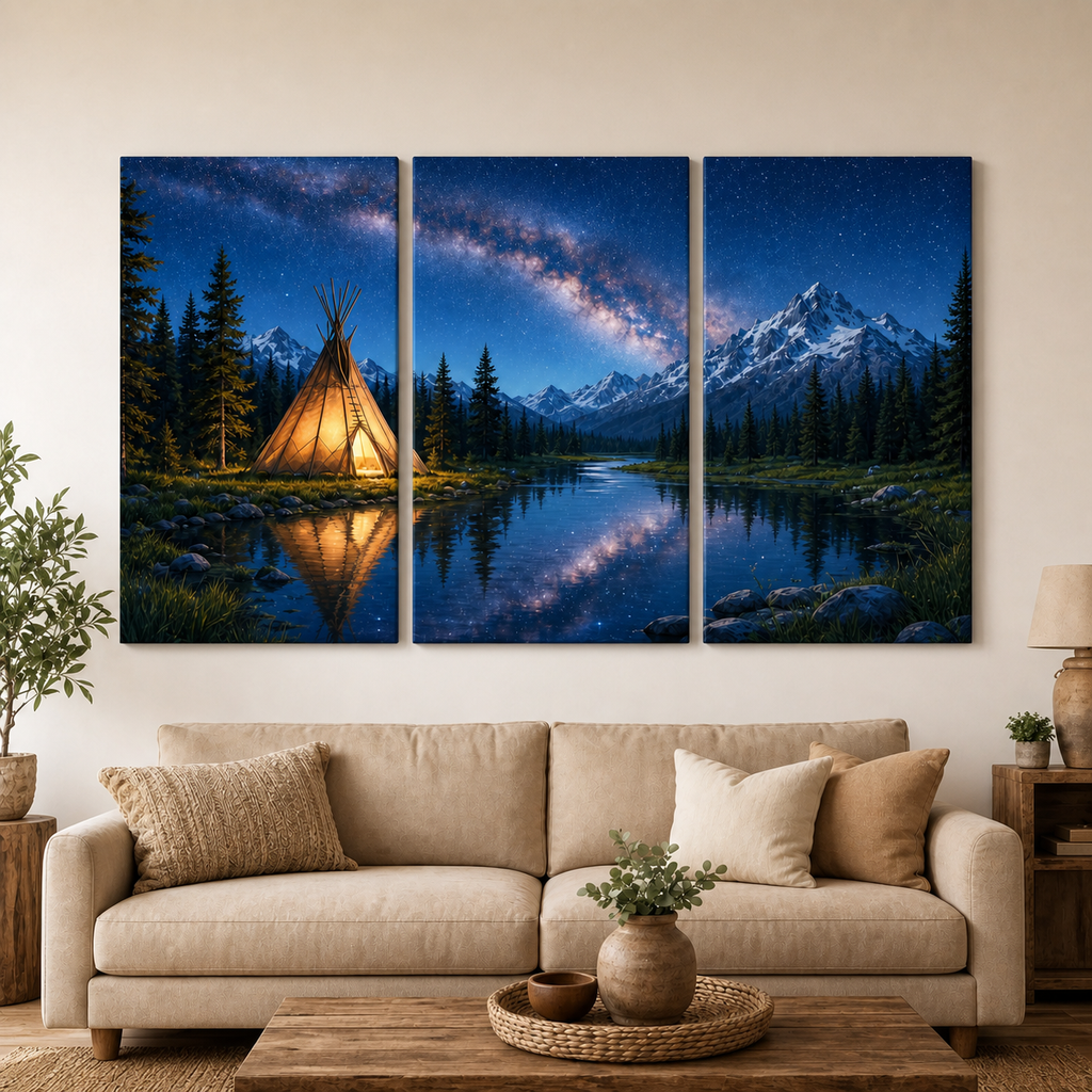 Starlit Teepee Lake Canvas Wall Art 3PCS No Frame CVm12
