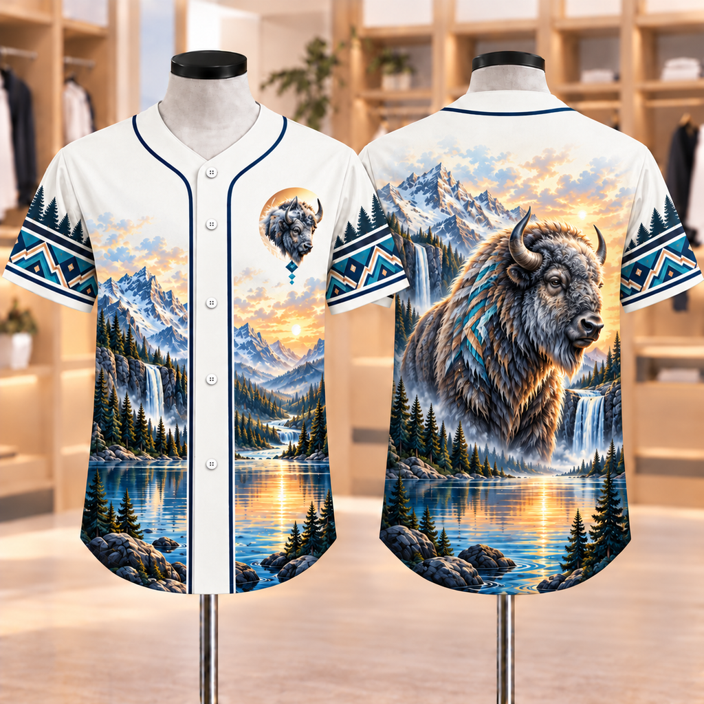 Sunset Bison Falls Native American-Inspired Baseball Jersey BSm053