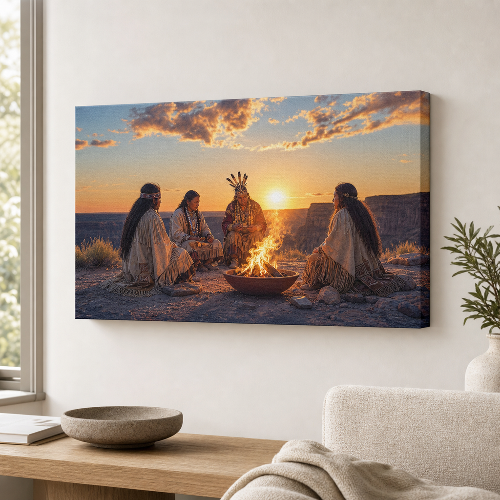 Sunset Fire Circle Native American Canvas Wall CVm01