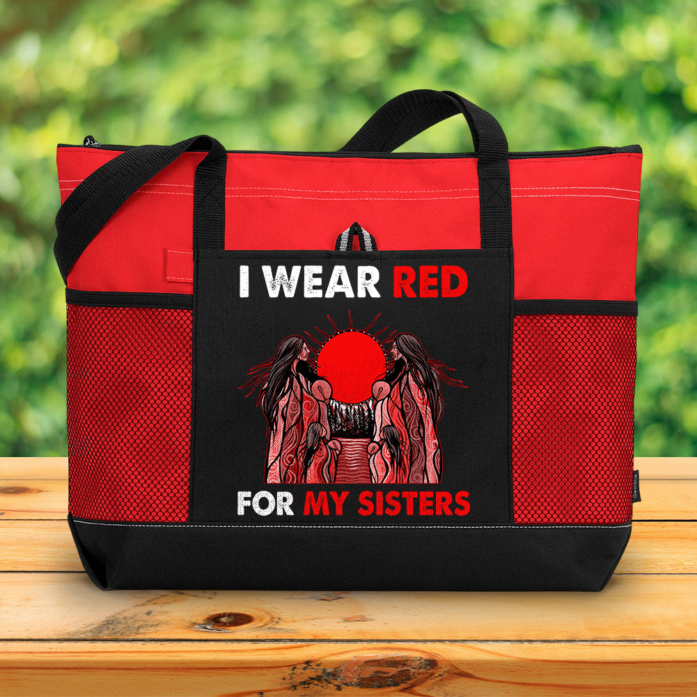 TS0090 I Wear Red For My Sisters Native American Stop MMIW Red Hand No More Stolen Sisters Tote Bag With Mesh Pockets