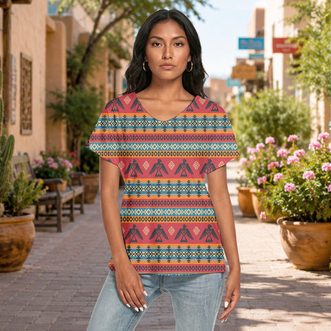 Thunderbird Native American Women's Loose V-neck Short Sleeve T-shirt GB-NAT00029