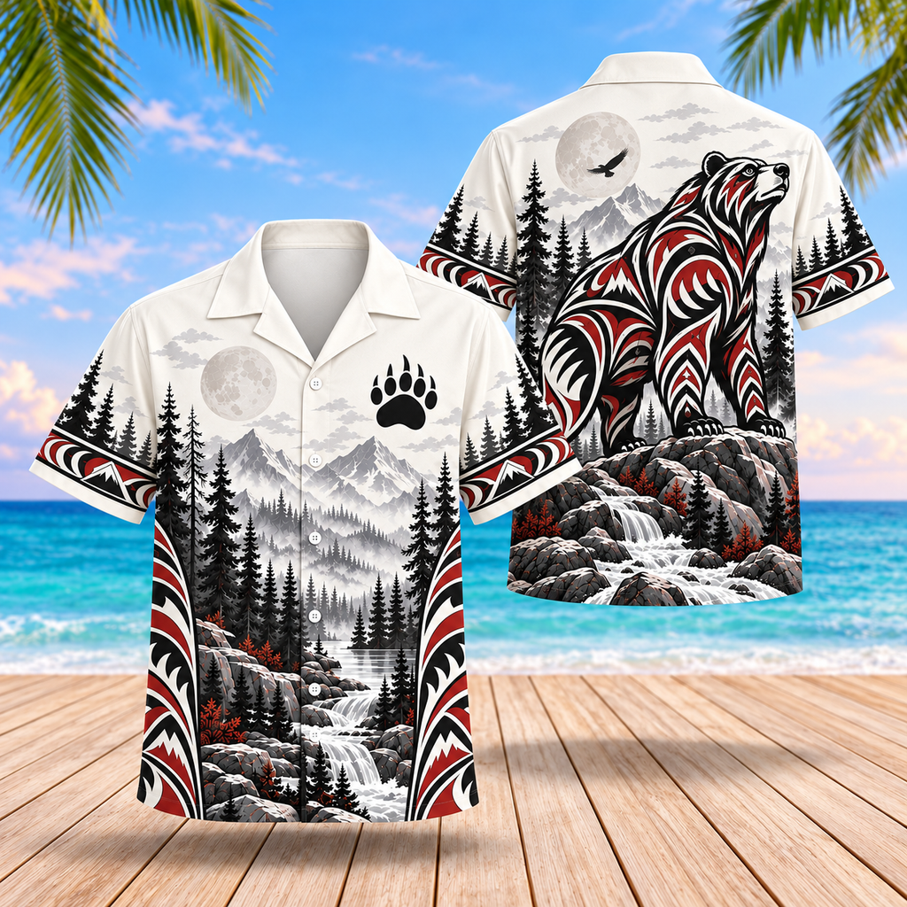 Tribal Bear Mountain Sentinel Native American-Inspired 3D Hawaiian Shirt BSm035