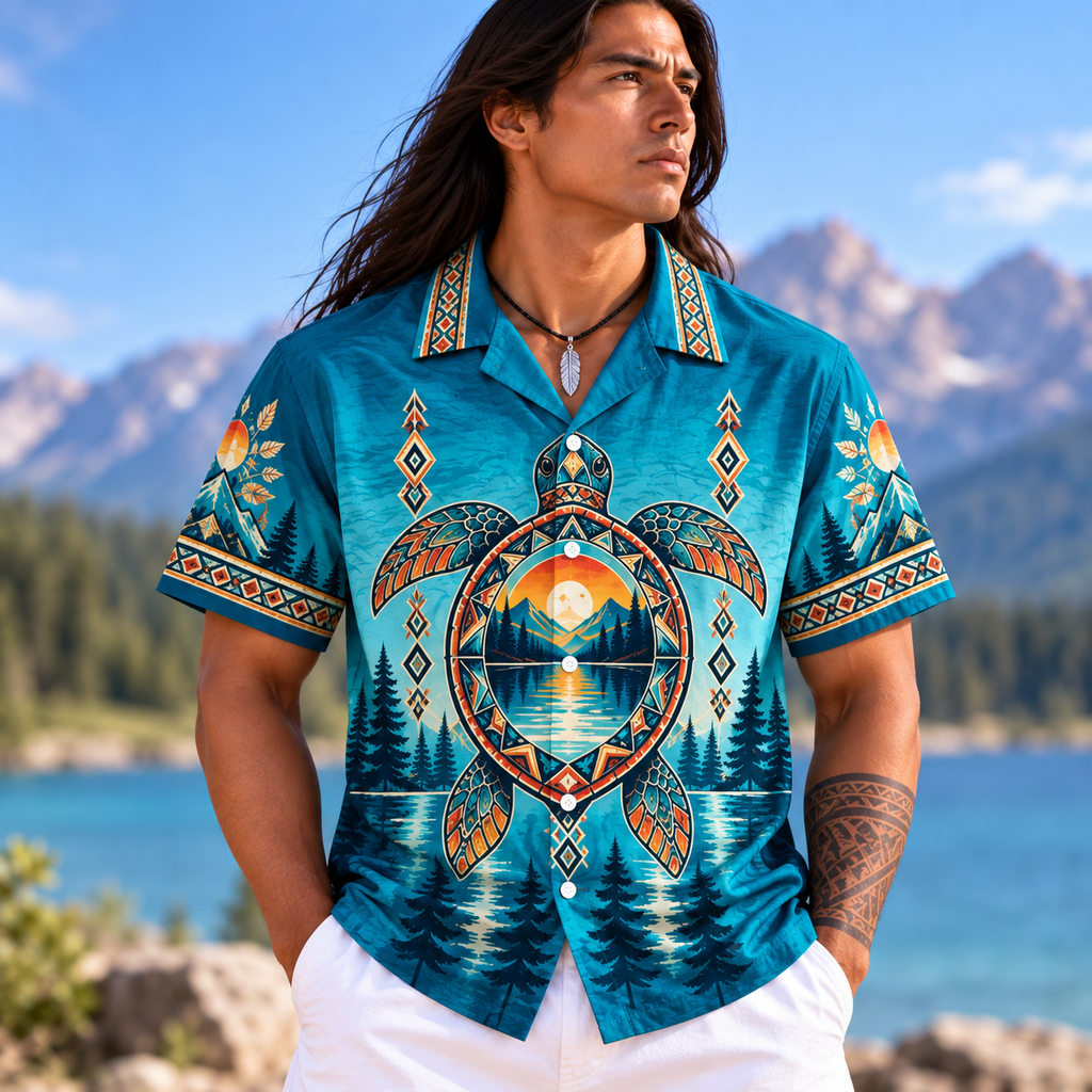 Tribal Blue Turtle Native American-Inspired 3D Hawaiian Shirt HWm037