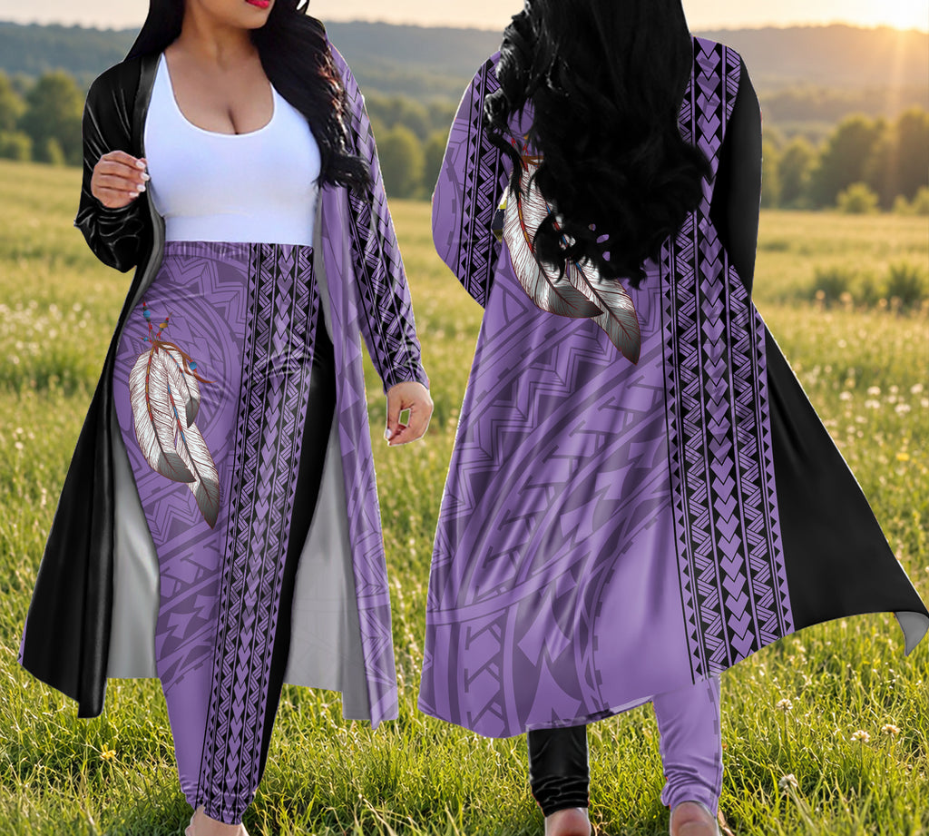 Tribal Feather Native American-Inspired Cardigan Coat Long Pant Set DS250813M03v1