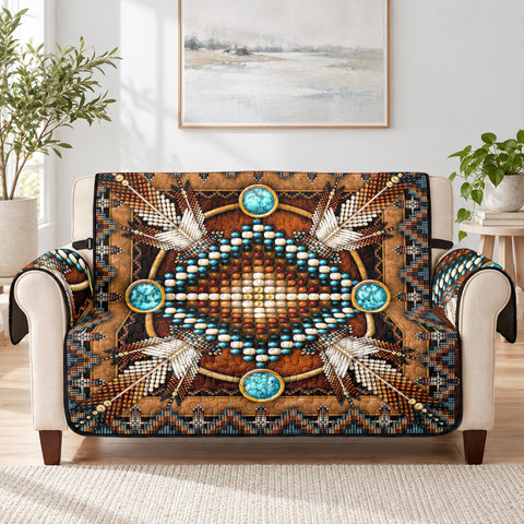 Tribal Feather Native American-Inspired Quilted Sofa Cover - Loveseat or 3-Seater GB-NAT00023-04
