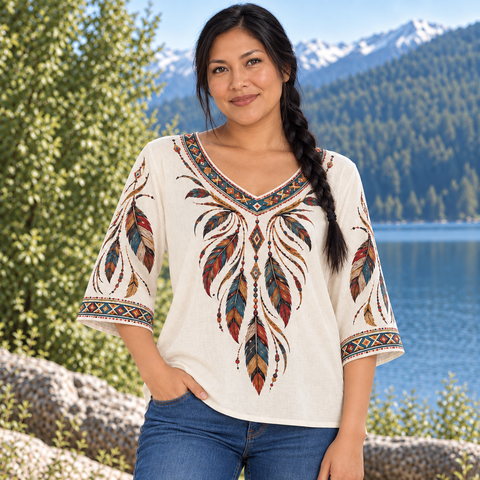 Tribal Feather Native American-Inspired Women's V-Neck 3-Quarter Sleeve Top WVS029