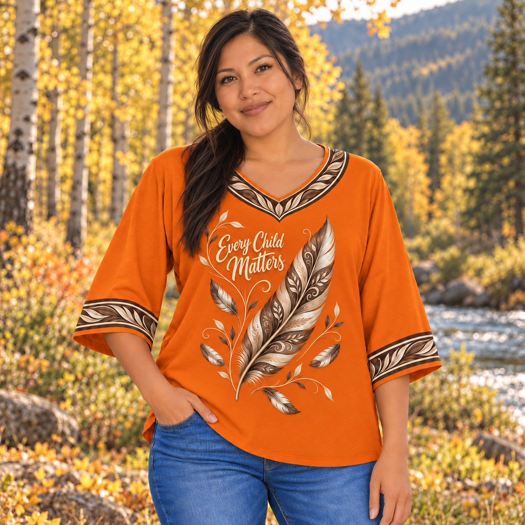 Tribal Feather Native American-Inspired Women's V-Neck 3-Quarter Sleeve Top WVS033
