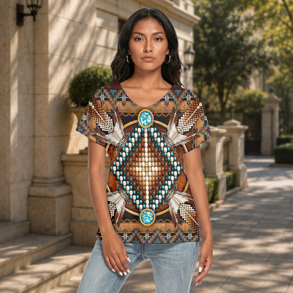 Tribal Feather Native American Women's Loose V-neck Short Sleeve T-shirt GB-NAT00023-04