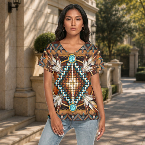 Tribal Feather Native American Women's Loose V-neck Short Sleeve T-shirt GB-NAT00023-04