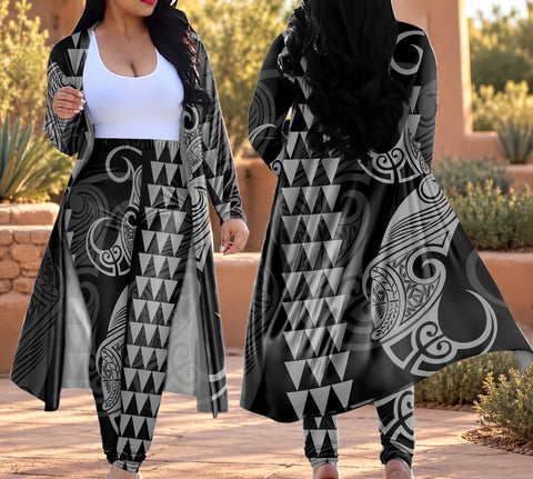 Tribal Gray Pattern Native American-Inspired Cardigan Coat Long Pant Set DS250804M02v6